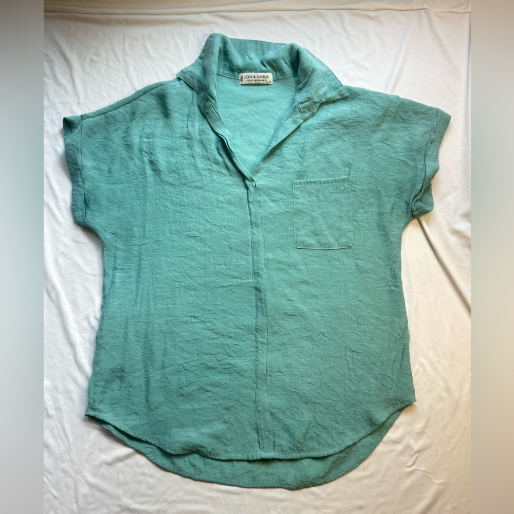 Jon & Anna Mint Green Short Sleeve Linen-Blend Button Down